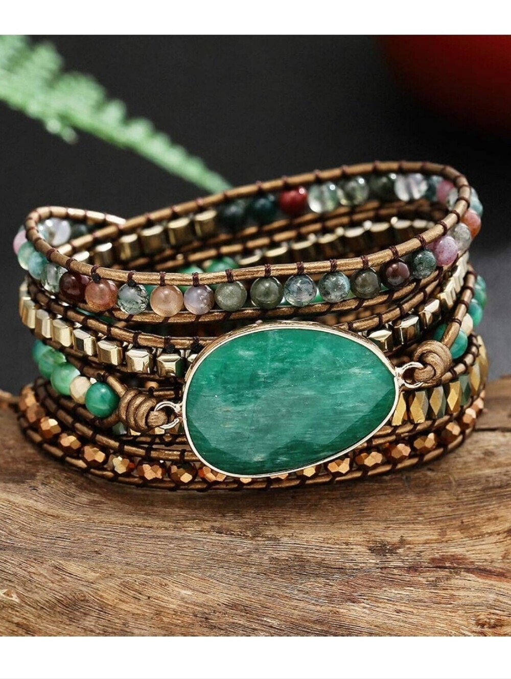 Green Oval Stone Multi-Strand Wrap Bracelet for Women